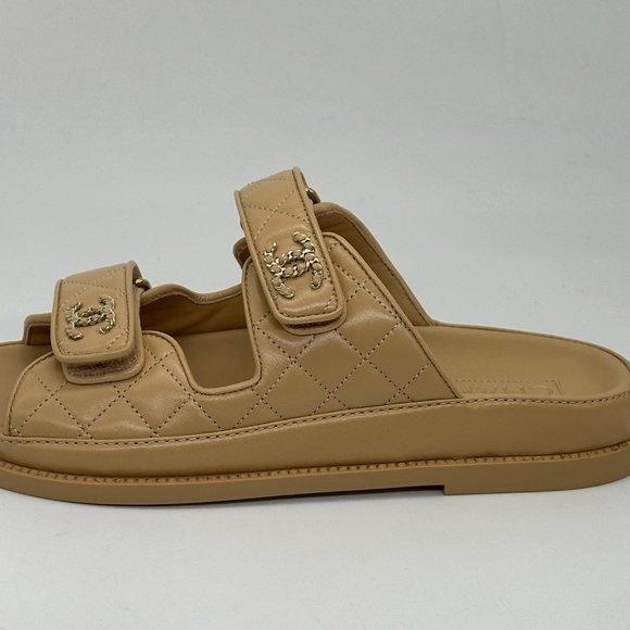 CHANEL 24P 2024 Quilted Leather CC Logo Flat Slide Dad Sandals Shoes Beige - Picture 3 of 16